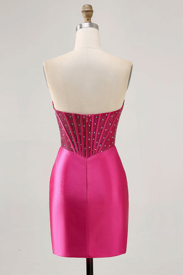Sparkly Fuchsia Corset Bodycon Short Cocktail Dress with Beading